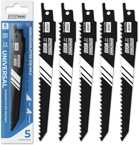 EFFEKTWERK Lame per sega alternativa per legno (5 pezzi) per taglio di legno e plastica, lame per sega universale in acciaio ad alto tenore di carbonio (HCS) con 6 TPI (denti per pollice)