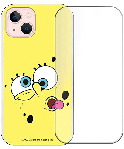 Personalaizer Schutzhülle und Hartglas für iPhone 14 SpongeBob Gesicht gelber Hintergrund: Schutz und Stil in einem Paket