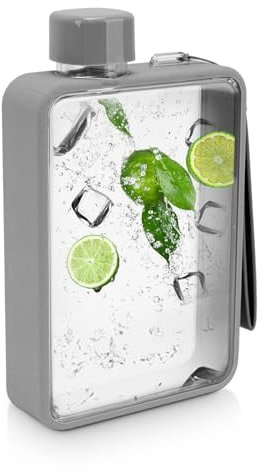 Bottiglia D'acqua in Vetro Piatto, Bottiglie D'acqua Portatili Sottili, Isolate a Prova di Perdite, Quadrate Trasparenti, Portatili, in Carta A5, 380 Ml, per Sport, Campeggio, (Grigio)