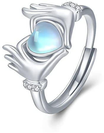 ABIGY Liebes Herz Ring Sterling Silber Versprechen Mondstein Herz Ring für Damen verstellbare Umarmung Herzringe Weihnachten Halloween Muttertag Valentinstag Geburtstag Schmuck Geschenke für Damen