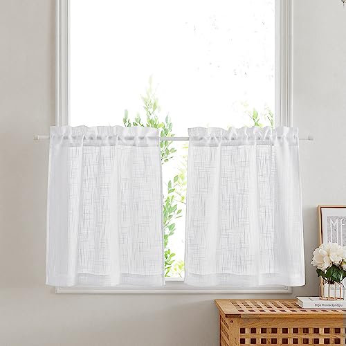 PONY DANCE Scheibengardinen Kurz Leinenoptik Gardinen Weiss Halbtransparent Bistrogardine 2er Set für Kleine Fenster Küche Wohnzimmer Vorhänge B 60 x H 120 cm, Weiß