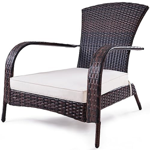 KOMFOTTEU Gartenstuhl aus Rattan, Rattanstuhl mit Kissen, Rattansessel mit Armlehnen & Rückenlehne, ergonomischer Adirondack-Stuhl bis 120 kg belastbar für Terrasse Pool Garten, Braun