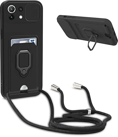 YFSYLL Handykette Schutzhülle kompatibel mit Xiaomi 11 Lite 5G NE/Mi 11 Lite 5G/4G Handyhülle mit Band,Silikon Handyhülle Case mit Schiebe Kameraschutz,360 Grad Ringhalter Stand,Kartenfach,Schwarz