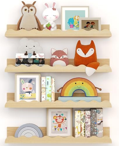 Seocry Kids' Bookshelf Set of 4 - Wood Floating Nursery Book Shelves, Picture Ledge Shelf for Wall Decor and Storage - Perfect for Books, Toys, Photo Frames, and Nursery Décor, XKJ0001