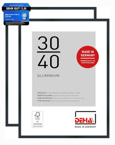 DEHA Design Aluminium Bilderrahmen Tribeca, 30 x 40 cm 2er Set, Schwarz | Aluminium Fotorahmen im Hoch- & Querformat zum Aufhängen Schwarz gebürstet bruchsicheres Kunstglas