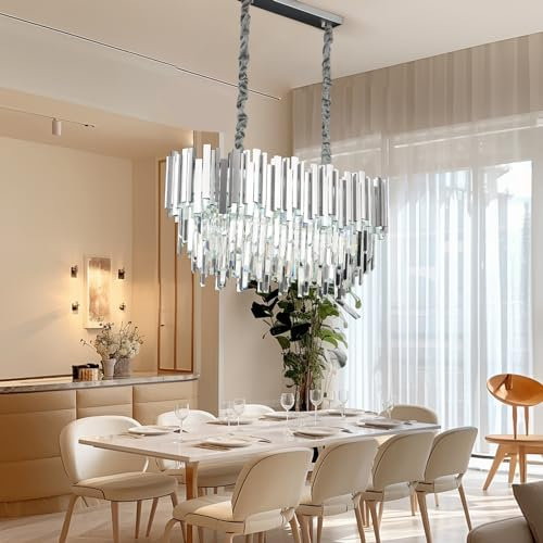 AHXIAOZN Modern Kronleuchter Kristall Leuchte,Luxus Hängeleuchte Kristall Lampe,Quadratischen Kronleuchte,10xE14 Lichter für Esszimmer, Küche, Wohnzimmer, Schlafzimmer, Flur, Café,Bar(Silber)