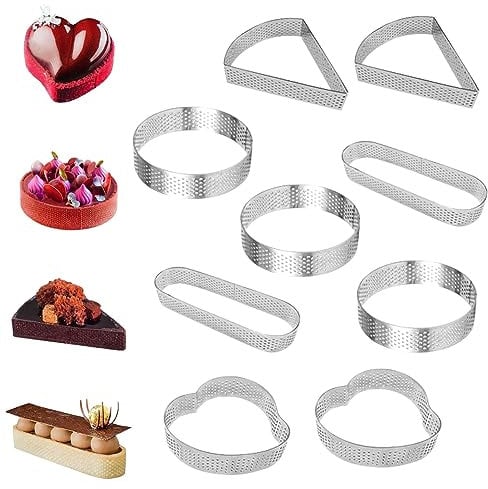 9 Pezzi Anello Crostata Microforato Stampo Crostata In Acciaio Inox Stampi Per Tartellette Cerchio Da Pasticceria 3 Cerchi/2 Ovali/2Triangoli/2 Cuori Stampo Crostata Microforato Per Dessert Fai Da Te