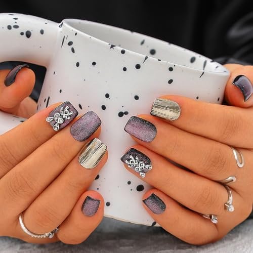 Sethexy Pink Cat Eye Handmade False Nails Short Coffin Press On Nails with Design Acrylic Glossy Salon Fake Nails for Women and Girls 10PCS (Pink6)