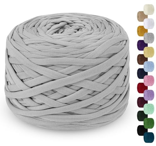LEREATI 285g T-Shirt Garn zum Häkeln für Körbe, Bändchengarn Polyester Rope, Textilgarn für Häkelkorb Taschen Teppiche Wandbehang Makramee (Hellgrau)
