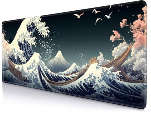 LTHAOGUO Japanese Great Wave Gaming Mouse Pad XL, Colorful Patterns Desk Mat, Cute Gamer Aesthetic Mousepad, Extended Mousepad, Non-Slip Rubber Base Desk Pad for Office-31.5 X 11.8 Inch