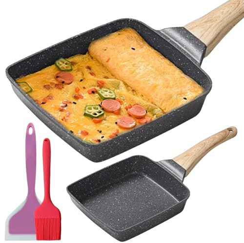 LEKEFETO Poêle à Omelette Japonaise: Tamagoyaki Poêle avec Spatule et Pinceau en Silicone, Poêle à Omelette Antiadhésive pour Omelettes Japonaises, pour Tous Types de Cuisinières, Noir, 18 x 15 cm