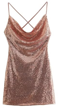 Women's Elegant Sequin Dress Rose Gold Backless Sexy Mini Dress Rose Gold M