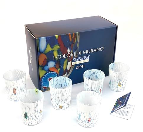 MAZZEGA ART & DESIGN - 6 Goto Tumbler Gläser aus Glas, mundgeblasen und handgearbeitet mit Murano-Murrine - Die Farben von Murano - Wasserglas Tumbler 350 ml. Made in Italy (6, Weiß + Box)