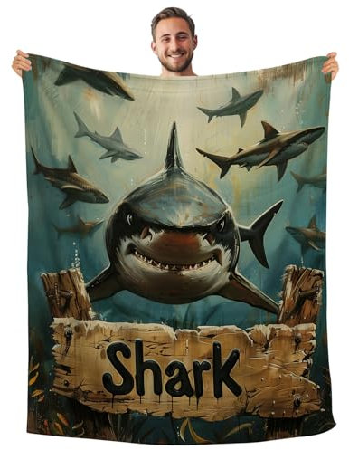DOINBEE Hai-Decke für Kinder und Erwachsene, lustige Vintage-Haifisch-Überwurfdecke, Hai-Geschenke für Hai-Liebhaber, Ozean-Tier-Haie, Plüsch, gemütlich, weiche Fleece-Flanelldecke für Couch, Sofa,