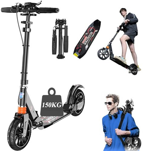 CXYTX Cityroller, Scooter, 500mm Räder,Tretroller mit Doppel Federung, Scooter klappbar und Höhenverstellbar,Support 150kg, Roller Kickscooter für Erwachsene und Kinder,Commuter Scooter,Schwarz