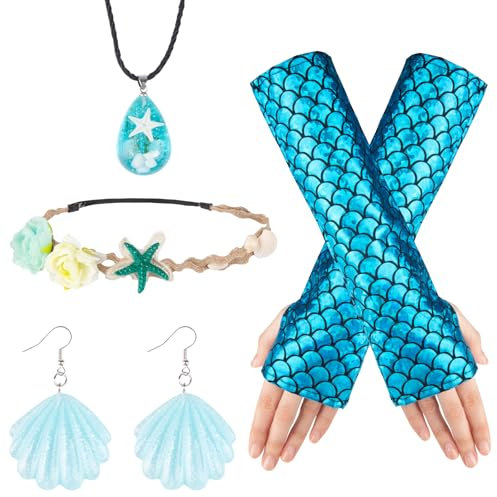 Meerjungfrau Kostüm Damen, Meerjungfrau Karneval Accessoires Damen, Kostüm Meerjungfrau Damen mit Meerjungfrauen Handschuhe Halskette Haarspange Ohrringe,Fasching Accessoires Damen fur Karneval Party