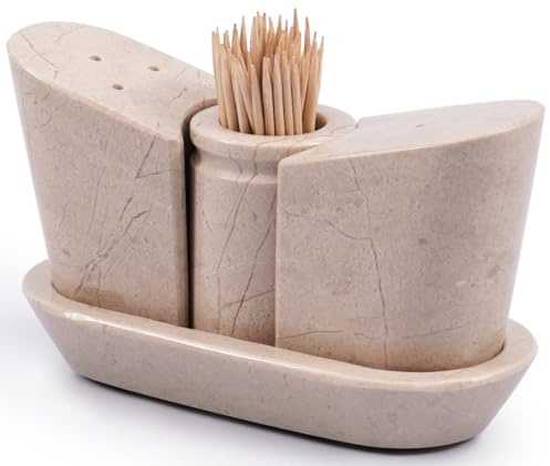 SPESHSTONES Salz- und Pfefferstreuer-Set aus Marmor, 6,3 cm, handgefertigt, beige, Salz- und Pfefferkeller mit Tablett für Küchendekoration und Zubehör, Steinsalzstreuer, Gewürzgläser und