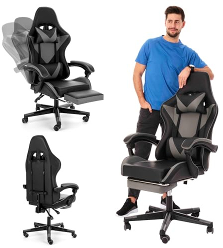 di volio Ergonomischer Gaming Stuhl mit Fußstütze Grau Ragazo | Computerstuhl, Sitzhöhenverstellung, Lenden- und Nackenkissen, Fußstütze, ergonomische Rückenlehne, für Homeoffice