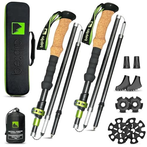 Alpteq® Carbon Wanderstöcke faltbar mit Korkgriff | Trekkingstöcke für Bergsport | Nordic Walking Stöcke für Damen und Herren | Ultraleicht und verstellbar mit Teleskop Klemmverschluss (115-135 cm)