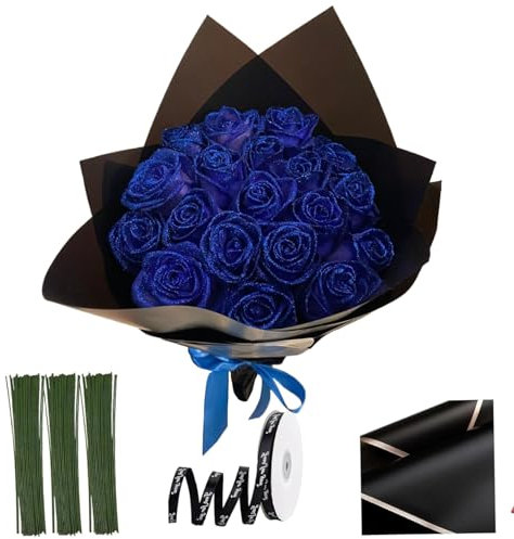 Bouquet di rose glitter, fiori di rosa blu conservato da 20 pc, rose finte fai -da -te lucido da 9,5 pollici con stelo, nastri avvolgenti e carta avvolgente per anniversario, fidanzamento, matrimonio