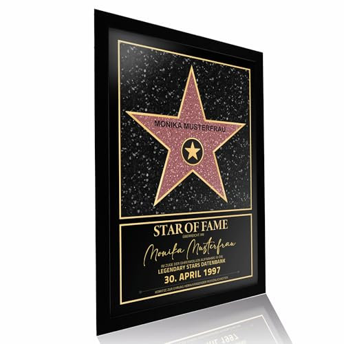 Lineo Persönlicher Hollywood Stern Walk of Fame Stil - Star of Fame Urkunde mit Name und Datum; Personalisiert mit Holzrahmen; Persönliche Wanddeko mit Bilderrahmen (Schwarz, A4-21x30 cm, Ungerahmt)