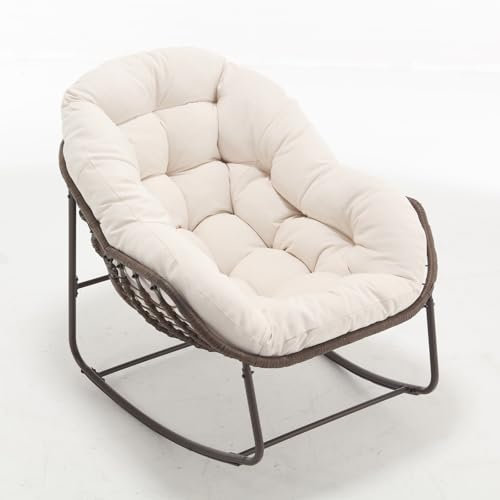 AUKWIK Schaukelstuhl Outdoor bequemer Garten Relaxsessel XXL Lesesessel mit Polsterung für Balkon, Wohnzimmer und Terrasse, Weiß