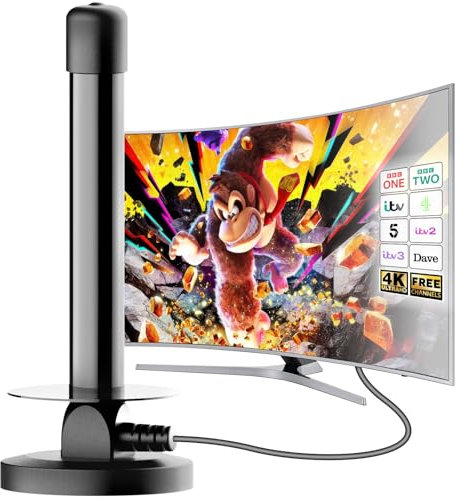 Indoor TV Aerial with Amplifier – Magnetic Base, 360° Signal Reception, 4K HDTV Compatible, 5M Coax Cable, Long Range Freeview Digital Aerial for Indoor Use