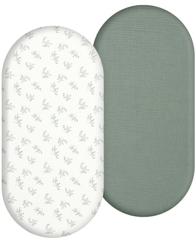 Spannbetttücher für Babykörbchen, atmungsaktiv, für Neugeborene, waschbar, Musselin, Stubenwagen, Matratzenbezug, passend für ovale, Sanduhr- und rechteckige Jungen und Mädchen, 2 Stück (weiß + grün)