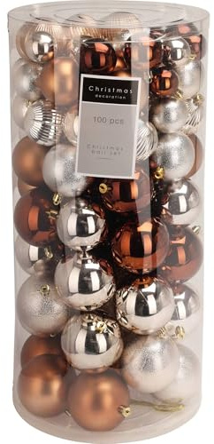 Well Home Christbaumkugel-Set, Bernstein, in PET-Röhre, 100 Stück, Verschiedene Designs und Ausführungen