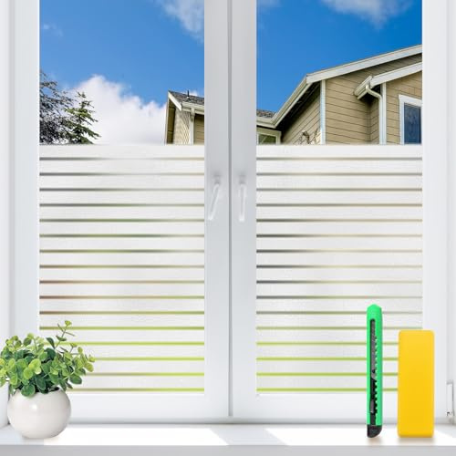 Snugfolk Fensterfolie Blickdicht Sichtschutzfolie Fenster | Streifen Selbsthaftende Milchglasfolie 44,5 × 200 cm | UV-Schutz & Lichtdurchlässig | Ohne Kleber für Wohnzimmer, Küche & Büro