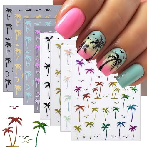 8 Bögen tropische Palmen-Nagelsticker, Kokosnussbaum-Aufkleber, mehrfarbiges Farbverlaufsdesign mit Vögeln und Mond, sommerliches Strandmotiv, Schieber für die Maniküre-Dekoration für Frauen