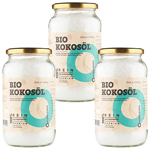 Kokosöl Bio CocoNativo 3x1000ml (3L) - Coconut Oil - Kokosnussöl in Rohkostqualität - Reines Kokosfett - Bio Kokosöl nativ kaltgepresst zum Kochen, Braten und Backen, für die Haare, Zähne und Haut