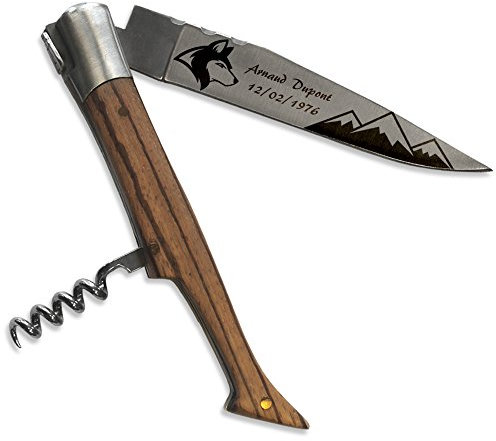 Geschenkegarten Graviertes Messer aus exotischem Eschenholz mit Korkenzieher und Motiv Wolf der Berge