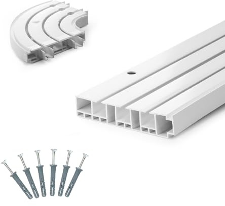 DQ-PP GARDINENSCHIENEN und Rundbogen Set – 500cm – PVC – 3-läufig – weiss – inkl. Befestigungsmaterial – 5m (2 x 150cm + 2 x 100cm + 3 x Verbinder) – Gardinen Schiene Vorhangschienen
