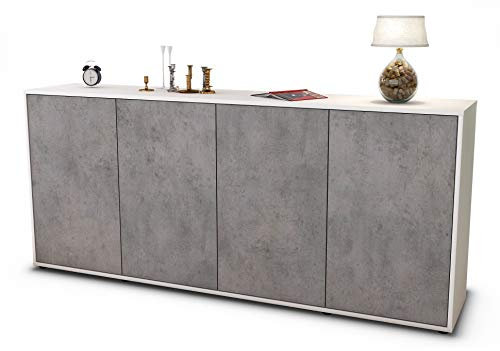 Stil.Zeit Sideboard Elana, Korpus Weiss matt, Front Industrie-Design Beton (180x79x35cm) Push-to-Open Technik