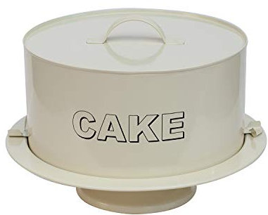 Metal 2PC Cake Carrier with Stand - Antique Cream Finish - Secure Clip Lock Closure