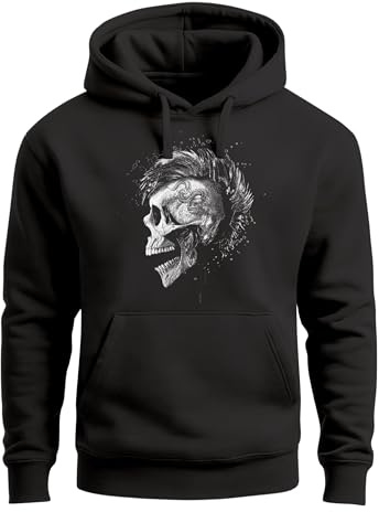 Neverless® Hoodie Herren Punk Mohawk Skull Totenkopf Irokese Print Kapuzen-Pullover Männer Fashion Streetstyle Schwarz M