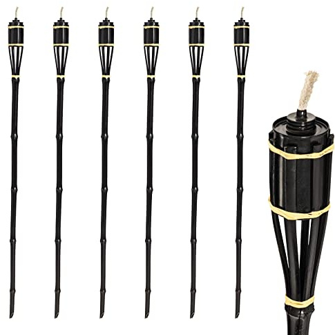 6X Black 113cm Bamboo Garden Fire Torches - Outdoor Paraffin Lamp Oil Burner Tiki Candle Flame Lantern Stake Light - By Harbour Housewares