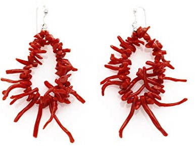 Antonino De Simone Rote mediterrane Koralle Frangia Set bestehend aus Halskette, Armband und Ohrringen in 925 Weiß Silber oder 925 Gelb Silber. (Ohrringe, 925er Weiß-Silber-Verschluss)