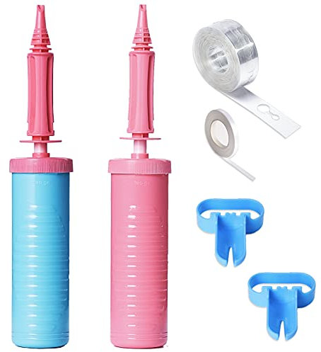 PartyWoo Ballonpumpe, 2 Stück Ballonpumpe Hand mit Ballonbogenstreifen, 2 Stück Ballonknoten und Band, Dual Action Ballon Inflator, Luftpumpen für Ballons, Yoga Bälle, Ballonbogen