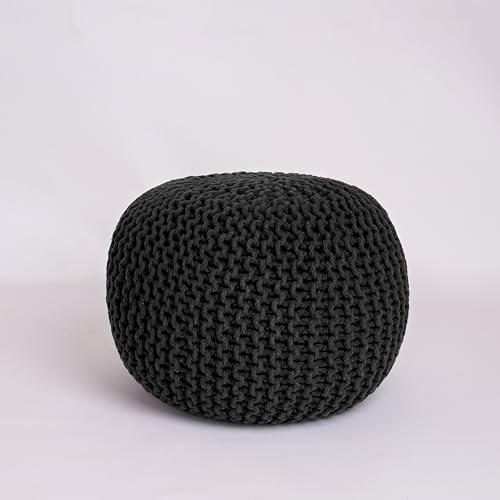 EXQUIZIT HOME Gestrickter runder Pouf Fußhocker Ottomane - Großer 100% Baumwolle Chunky Handgestrickter Pouf mit Polystyrolperlen Füllung - Weiche & Bequeme Fußstütze und gelegentliches Sitzen, 50 cm