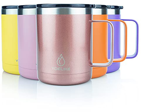 yoelike Insulated Coffee Mug with Handle, 410ml/14oz Double Wall Vacuum Stainless Steel Travel Coffee Mug Spill Proof, Powder Coated Camping Mug for Office Outdoor Hot Cold Drinks Purple Rose Gold