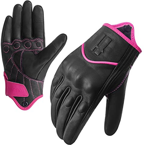 Harssidanzar Guanti da moto da donna in pelle di capra con dita intere, touchscreen, GL016, rosa/nero, taglia L