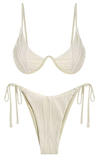 ZAFUL Damen Bikini Sets Gerippt Zweiteilige Badeanzüge Bügel Verstellbarer Rückenverschluss Badeanzug Seitliche Krawatte Tanga Bademode, Beige, S