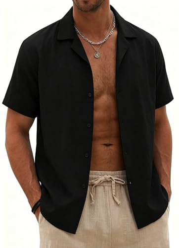 Halfword Mens Linen Shirts Short-Sleeve Summer Casual Beach Shirts Button Down Loose fit Hawaiian Holiday Wedding Cheesecloth Tops