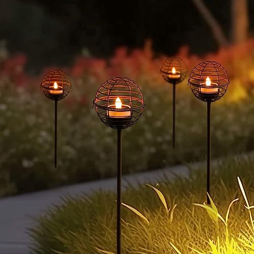 Solar Pathway Lights, Rust Iron Ball Candle Holder Stake, Flickering Solar Tea Lights, Perfect Outdoor Garden Decor - 4Pack