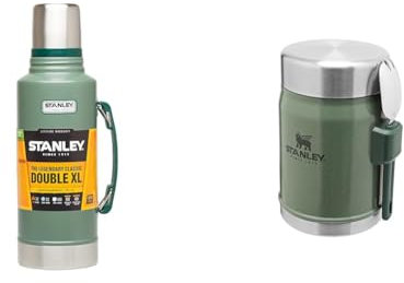 Stanley Classic Legendary Bottle 1.9L Hammertone Green - Botella Termica de Acero Inoxidable & Classic Legendary Fiambrera Termica 0.4L Hammertone Green with Spork