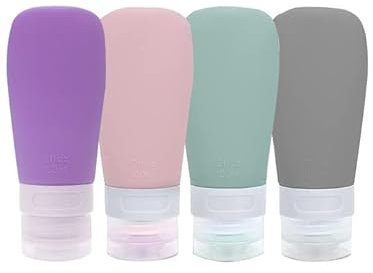 Flacons de Voyage, 4Pcs Étanches Bouteille de Voyage Silicone,anti-fuite, rechargeables, Accessoires de Voyage Aéroport Contenant pour Huile Solaire, Shampooing, Lotion, Gel Douche Crème (60ml)