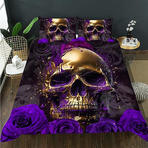 AILONEN Gold Skull Duvet Cover Queen Size, Halloween Sheet Purple Rose Skull Bedding Set for Girls Boys,Skeleton Bones Boho Style Comforter Cover Set,1 Quilt Cover 2 Pillowcases,3-Piece Set