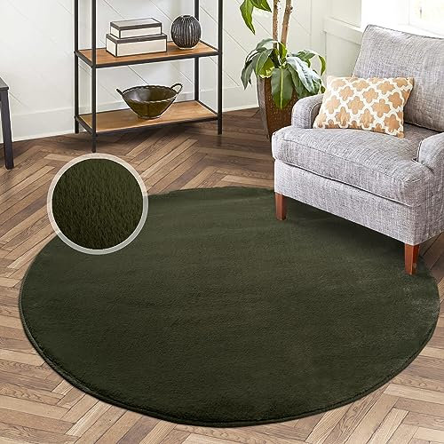 carpet city Hochflor Teppich Wohnzimmer - Einfarbig Basil, Oliv-Grün - 160x160 cm Rund - Super Soft Polyester, Samtig-Flauschiger Flor - Fell-Teppiche für Schlafzimmer, Esszimmer, Arbeitszimmer
